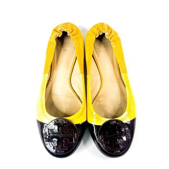Tory Burch Eddie Ballet Flats Yellow Patent Leather Cap Toe Brown Logo Women’s 9 - Picture 5 of 8